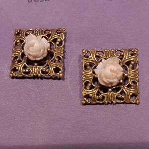 Elegant Vintage Gold and Carved Pink Rose Floral Earrings